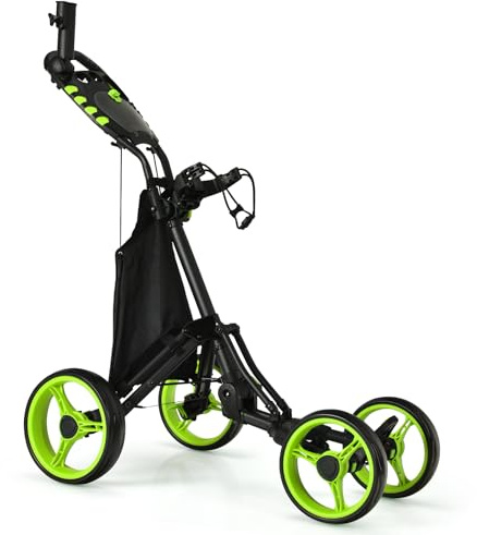 GYMAX Golfwagen klappbar, Golf Trolley mit 4 Räder & höhenverstellbare Positionen, Golftrolley mit ergonomischer Griff, verstellbarem Schirmhalter & Tasche (Grün)
