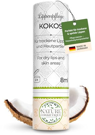 Nature Cosmétique® Lippenpflege Kokos – Für trockene und rissige Lippen – Mit Bienenwachs, Jojobaöl & Vitamin C – Nachhaltige Papierhülse – Made in DE