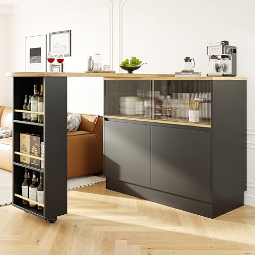 Merax Ausziehbarer Bartisch mit Stauraum, 360° drehbarer Beweglicher Bartisch Küchentheke Kücheninsel Kaffeeecke, mit Offene Ablagefächer, Glasschiebetür, Schwarz/120-180 x 45 x 103 cm