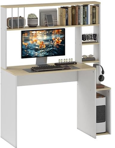 HOMCOM Scrivania Tavolo per Computer con Libreria, Scrivania da Ufficio 113x45 cm, Scrivania per PC con 5 Ripiani, Postazione di Lavoro con Supporto per Monitor per Camera da Letto e Studio, Rovere