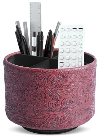 Mtzmy Rund Stiftehalter,Leder,360° drehbar,Fernbedienungshalter, drehbarer Nachttisch, TV-Fernbedienung, Schreibtisch-Organizer für Stifte, Bürobedarf, Aufbewahrungsbox(1-Schnitzt Rot)