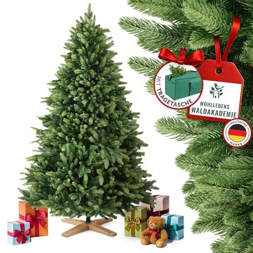 MerryTree Luxus künstlicher Weihnachtsbaum 180 cm - großer Weihnachtsbaum Spritzguss - naturgetreue PE-Nadeln + Holzfuß massiv - schwer entflammbar - Tannenbaum künstlich - Nordmanntanne