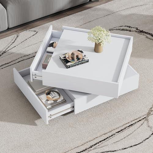 Merax Drehbarer Couchtisch Funktionaler Wohnzimmertisch mit Stauraum & 2 Schubladen, Hochglanz Beistelltisch Weiß, Drehbare Tischplatte, Moderner Kaffeetisch für Wohnzimmer,60x60x38cm