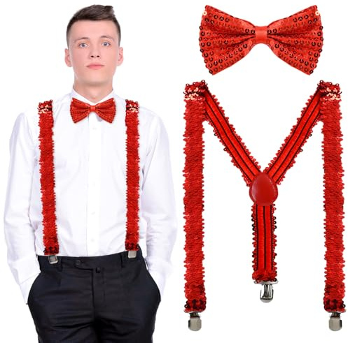 QIZHIQIAMY 2 Stück Glitzer Accessoires Herren - Glitzer Fliege und Dehnbare Hosenträger Verstellbar Pailletten Outfit für Silvester, Karneval, Disco Accessoires (Rot)