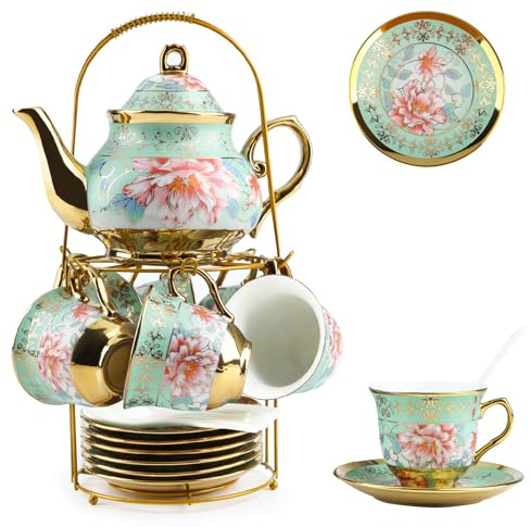20 Pcs Porcelain Tea Cup Set with Teapot,Tea Cups and Saucers Set of 6, 750ML Teapot,180ML Teacup with Vintage Flower Painting for Women Tea Party Wedding,Tea Gift Sets for Home&Party