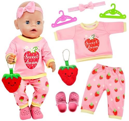 Baby Puppen Puppenkleidung 35-43 cm, 7 Stück Set Puppenkleidung Outfit 1 Print Oberteil 1 Niedliche Hose 1 Haarband 1 Hausschuhe 1 Erdbeeranhänger 2 Kleiderbügel 43 cm Puppenkleidungsset für Kinder