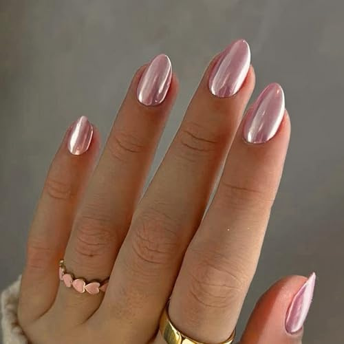 Chrome Press On Nails Almond - Chrome Light Pink False Nails with Glue - 24pcs Oval False Nails Medium Length - Aurora Acrylic Nails Stick on Nails for Women Daily Party Wear