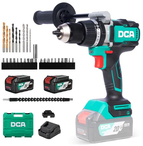 DCA Taladro Percutor Sin Escobillas 20V, 120 Nm, Portabrocas Metálico 13 mm | Embrague 24+1+1 y 32.000 impactos/min; incluye 2 baterías de 4,0 Ah para perforar y atornillar ladrillo, metal y madera