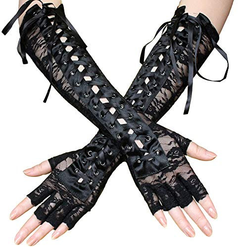 Amorar Frauen-reizvolle Schnürsenkel-Handschuh-Niet-halbe Finger-Abend-Partei-Formale Brauthandschuhe Lange Kostümhandschuhe