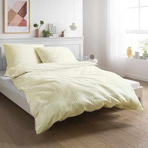 Carpe Sonno Seersucker Bettwäsche 155x220 Baumwolle | Kühlende Bettwäsche Sommer Bettbezug 155x220-cm Leichte Sommerbettwäsche Bügelfreie Bettwäsche-Sets | Beige Bettwäsche Baumwolle 155x220