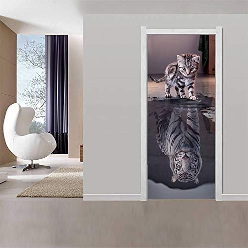 YWGMT 3D Türtapete Selbstklebend Türposter - Süße Katze Reflexion Tiger 80X200Cm- Fototapete Türfolie Poster Tapete - Abnehmbar Türposter Fototapete Holzwand Türaufkleber Wandbild Für Tür, Wohnzimmer,
