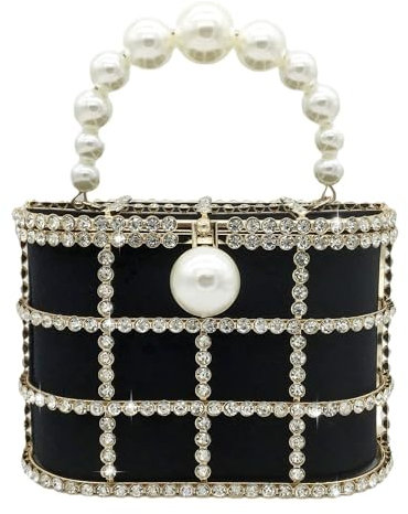 Boutique De FGG Abendhandtaschen mit Perle Strass Clutches für Hochzeit Party Kristall Eimer Tasche Schultertaschen,Klein,Schwarz
