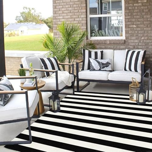 LEEVAN Outdoor-Teppich, 12.7x17.8 cm, schwarz-weiß, Terrassenteppich, waschbar, gestreift, Fußmatte, Bauernhaus, schwarz, langlebig, faltbarer Teppich für geschichtete Fußmatte/Veranda/Haustür