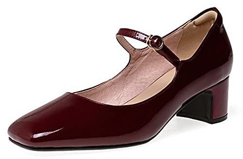 Lutalica W Donna Vernice Punta Chiusa Retro Cinturino alla Caviglia Fibbia Tacco Spesso Mary Jane Décolleté Scarpe, Borgogna, 39 EU