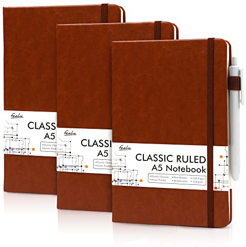 feela 3 Pack A5 Notebooks, Lined Notepads with Gel Pens, 120 GSM, Brown | College Ruled Hardback Journal Notebooks for Work, Study, School, Office, 128 Pages Each, 21 x 13 cm