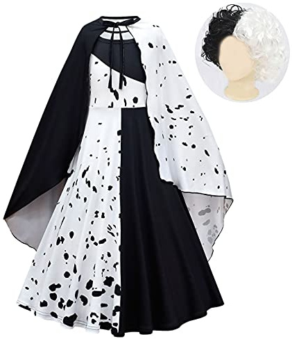 Lito Angels Cruella Deville Kostüm mit Umhang und Perücke für Kinder Mädchen, Schwarzer und Weißer Dalmatiner Fleck Kleid Verkleidung, Größe 5-6 Jahre 116, A