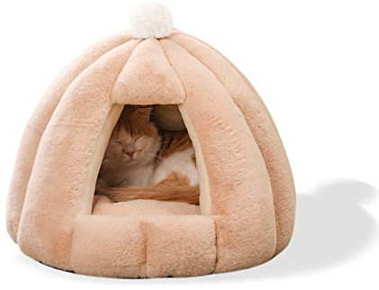 Galatée Katzenhöhlenbett, Waschbares Katzenkissenbett Mit rutschfeste Unterseite, Haustierbett Mit Abnehmbarem Waschbarem Innenkissen, Weiches Und Gemütliches Plüschkatzen-Iglu(M, Khaki)