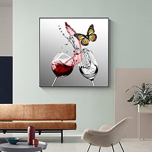 EUEU Bicchiere da vino con pittura a barca dorata su tela Poster Stampa su tela Quadri moderni per sala da pranzo Cucina Decor 40x40cm Senza cornice