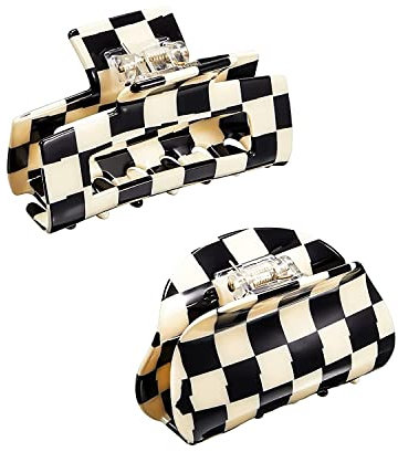 2 Pack Haarkrallen Clips Checker Haarspangen Bananen Haarspangen Acryl Schwarz Weiß Vintage Kiefer Clips Französisch Schildpatt Grip Pin Zähne Klemme Starker Halt Haarschmuck für Frauen Mädchen