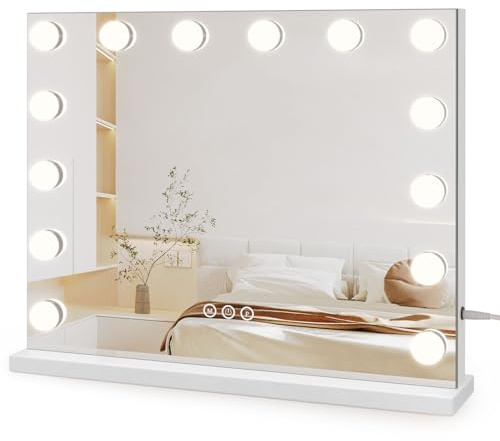 Dripex Specchio da Trucco con Luci a 14 Led Hollywood 50x42cm | sul Tavolo o a Parete, 3 Modalità di Luce, Regolazione della Luminosità, Lente d'Ingrandimento Rimovibile