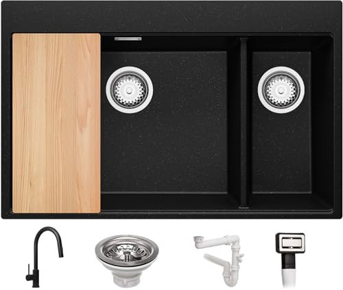 Lavandino da Cucina Nero Metallico 78x50cm, Lavello da Cucina a 1,5 vasche + Sifone Classico + Rubinetto + Tagliere, Lavabo da Cucina Incasso al mobile 80cm - Oslo Top Duo di Primagran