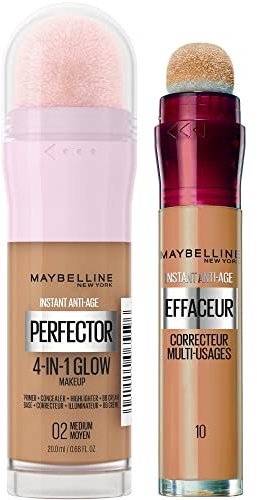 Maybelline New-York - Duo Teint - Perfecteur de Teint Illuminateur Instant Glow Perfector 4-in-1 + Anti-Cernes/Correcteur Instant Anti-Age L’Effaceur - Click Iconique (Medium)