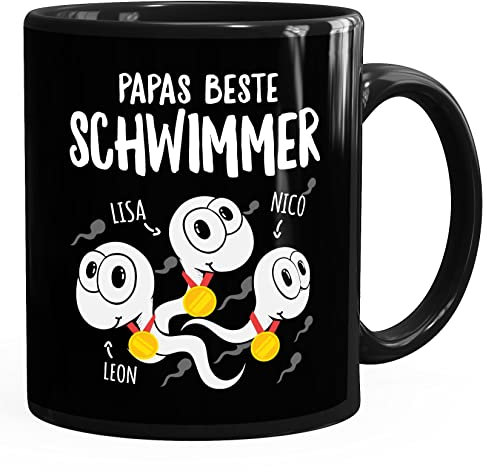 Moonworks® Kaffee-Tasse Sperma personalisierte Geschenke mit Namen Papa beste Schwimmer Kinder schwarz standard