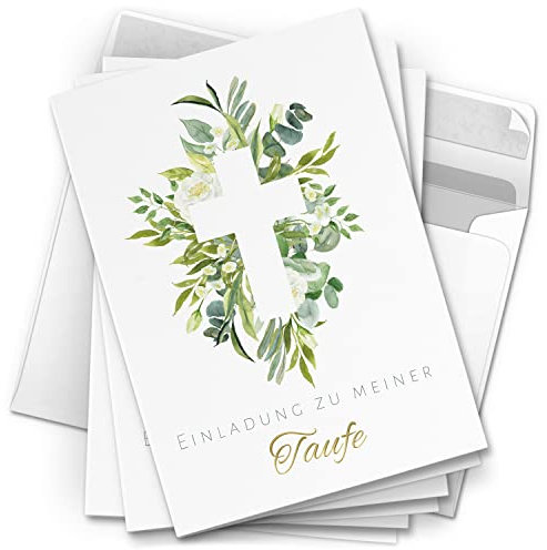 10 Einladungskarten Taufe - Motiv großes Kreuz Blätter - moderne Klappkarten mit Umschlägen - Einladungen zu Taufe Kirche Einladung Karten