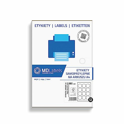 MD Labels Universal Etiketten DIN A4 - fi 65mm, 1200 Etiketten- rund Klebeetiketten– bedruckbare - Weiß- Runde Aufkleber- mattes paper