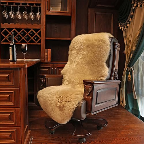 RZLWOOL Genuine Sheepskin Rug New Zealand Fluffy Lambskin Rug, Natural Luxury Sheepskin Throw for Bedroom Living Room Children's Room - Premium Area Rug Chair Cover (2×6 Feet, Worm Brown)