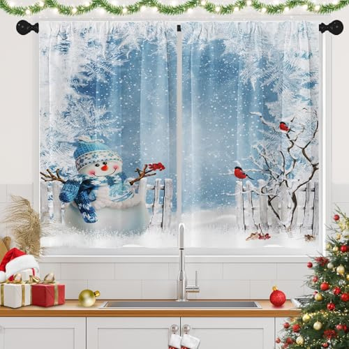 Tayney Weihnachts-Küchenvorhänge, Schneemann, Fenstervorhänge und Volants, 2er-Set, Winterbaum, kurze Ebene, Vorhang für Küche, Weihnachts-Küchendekoration, 66 x 91,4 cm