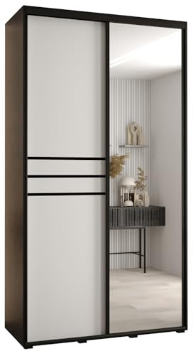MEBLE KRYSPOL Davos 11 140 Schrank mit Zwei Schiebetüren für Schlafzimmer - Moderner Schrank mit Spiegel, Kleiderstange und Regalen - 235,2x140x60 cm - Schwarz Weiß Schwarz
