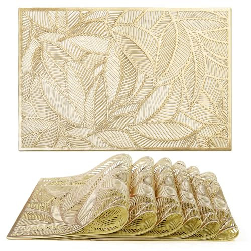 fanquare Rechteckige Tischsets 6er Set, Gold Form des Blattes Platzsets für Weihnachten, rutschfeste Wärmeisolierung Tischsets, Hochzeit, Dinner Parties, Restaurant, 45 x 30 cm