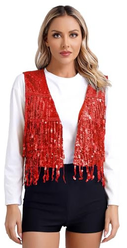 iiniim Damen Pailletten Weste Glitzer Ärmellos Anzugweste Fransen Jacke Mantel Quasten Tanzjacke Karneval Fasching Tanzkostüm A Rot L