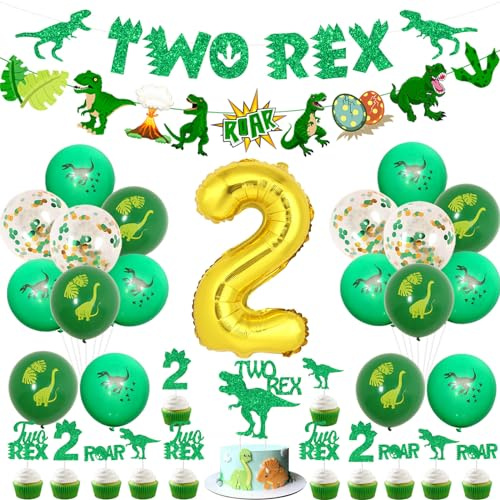 Sursurprise Dinosaur 2nd Birthday Decorations, Dinosaur Two Rex Banner Cake Topper, Number 2 Balloon, Green Jungle Animals 2 Year Old Birthday Party Supplies for Boys