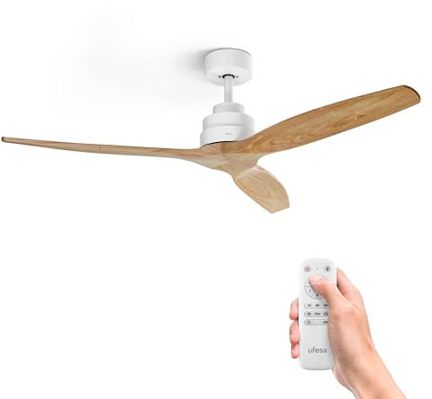Ufesa Ventilador de Techo CFTB, 40W, 6 Velocidades, Ultra Silencioso, 3 Aspas de Madera Natural 132cm, Función Verano - Invierno, Temporizador 8h, Mando a Distancia, Blanco - Madera Clara