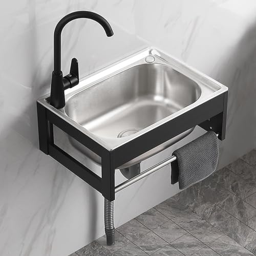 Evier Exterieur Evier Inox 1 Bacs Évier Mural Cuisine, Ensemble Évier De Jardin Avec Robinet, Porte-serviettes, Tuyaux Supérieur/inférieur, Économiser De L'espace, Cadre En Aluminium