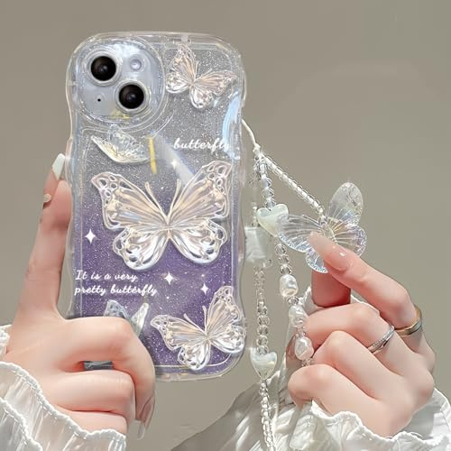 Bakicey Hülle für iPhone 13,Blumen Schmetterlinge mit Karton Süßes Durchsichtig Design Welle Glitzer Handyhülle mit Armband Mädchen Stoßfest Case Cover für iPhone 13,Lila