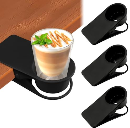 3PCS Drinking Cup Holder Clip, Kalolary Chair Desk Bottle Cup Stand DIY Glass Clamp Storage Saucer Clip for Potted Plant Beverage Soda Coffee Mug Holder Clip for Home & Office (Black)