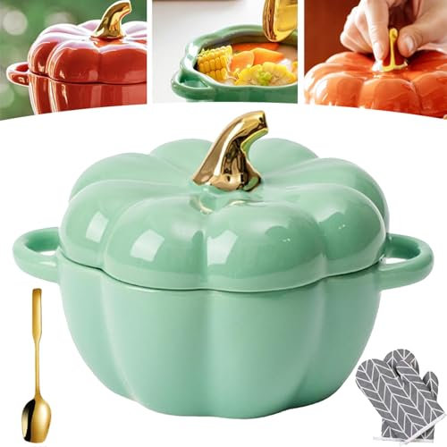 Vgpbphj Kürbisförmiges Geschirr, 425 ml, Keramik-Kürbisschale mit Deckel und Griff, Grün