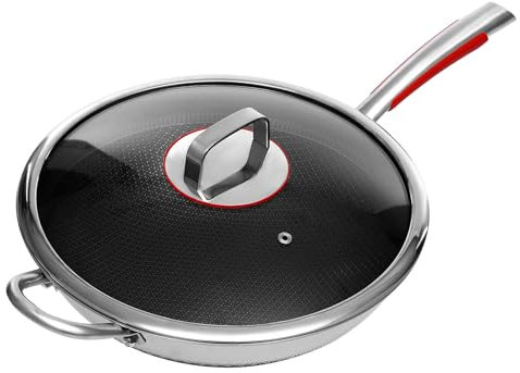 Padella con coperchio, in acciaio inox, 32 cm, struttura a nido d'ape, rivestimento antiaderente con coperchio in vetro temperato, compatibile con tutti i piani cottura