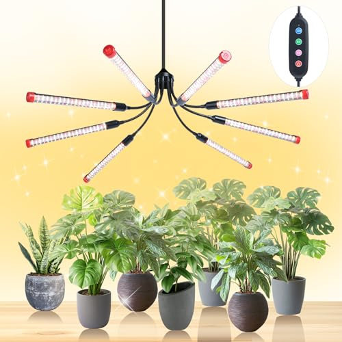 8Kopf Vollspektrum Deckenaufhängung Pflanzenlampe mit Zeitschaltuhr(4/8/12H), 72W EU-Eurostecker LED Pflanzenlicht für Zimmerpflanzen, Wachstumslampe für Pflanzen 90x90CM Abdeckung