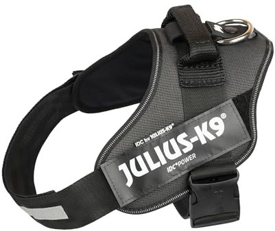 IDC Powergeschirr, L, Schwarz-Grau - Reflektierendes Hundegeschirr mit Logo-Feld, verstellbar, atmungsaktiv, Bewegungsfreiheit, Oeko-TEX Zertifiziert, für kleine, mittlere & große Hunde