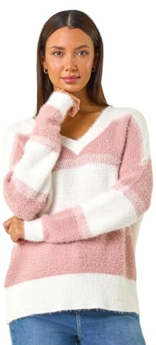 Roman Originals V-Neck Stripe Knit Jumper for Women UK - Ladies Everyday Autumn Winter Comfy Soft Evening Vacation Work Party Night Out - Pink - Size 12