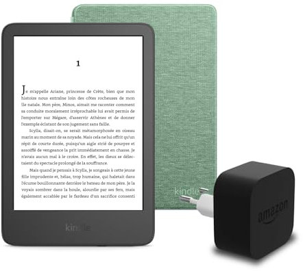 El nuevo Kindle (versión 2024) de 16 GB sin anuncios, una funda de tela de Amazon y un adaptador de corriente Amazon Powerfast de 9 W.