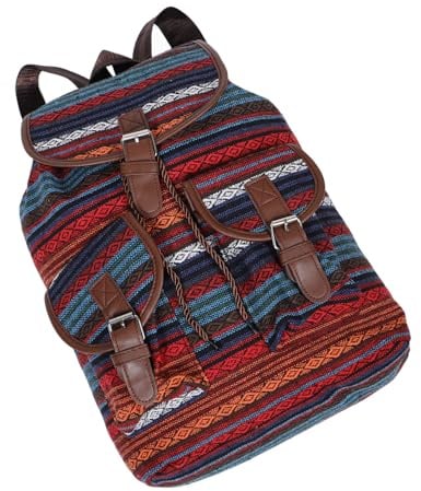GALPADA Mochila de Lona Cordón y Diseño Étnico Vintage Gran Capacidad | Estilo Cubo Retro Bolsillos Múltiples, para Escuela y Calle, 1, Canvas y Poliéster