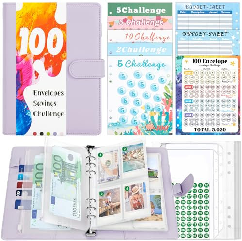 TAOPE A5 Binder mit Budget Planner Zubehör, A5 Ringbuch Kunstleder, Ringbuch A5 Nachfüllbar mit klaren Umschlägen Taschen, 100 Envelope Saving Challenge Einsätze, Lila Budgetplaner A5 Für Reisearbeit