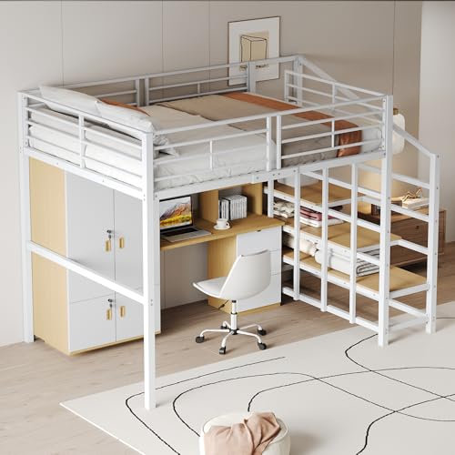 Zepneiy Letto a soppalco 140 x 200 cm con ampio spazio sotto il letto, struttura metallica, bianco (materasso non incluso)