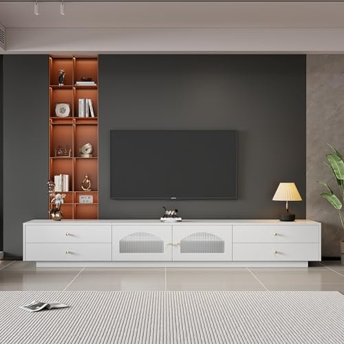 Jaxenor TV Schrank Fernsehschrank mit 4 Schubladen 2 Glastüren, 220cm TV Tisch TV Bank TV Lowboard TV Kommode TV möbel TV Kabinett TV Regal für das Wohnzimmer, Weiß