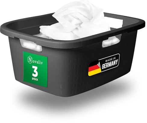 Novaliv 3er-Pack Wäschewanne mit 3 Griffen 25L Anthrazit, Wäschebox Set Wäscheeimer Wäschebehälter für Bad Wäsche Schmutzwäsche, Wäschewannen Laundry Basket Aufbewahrung Korb Sammler Box